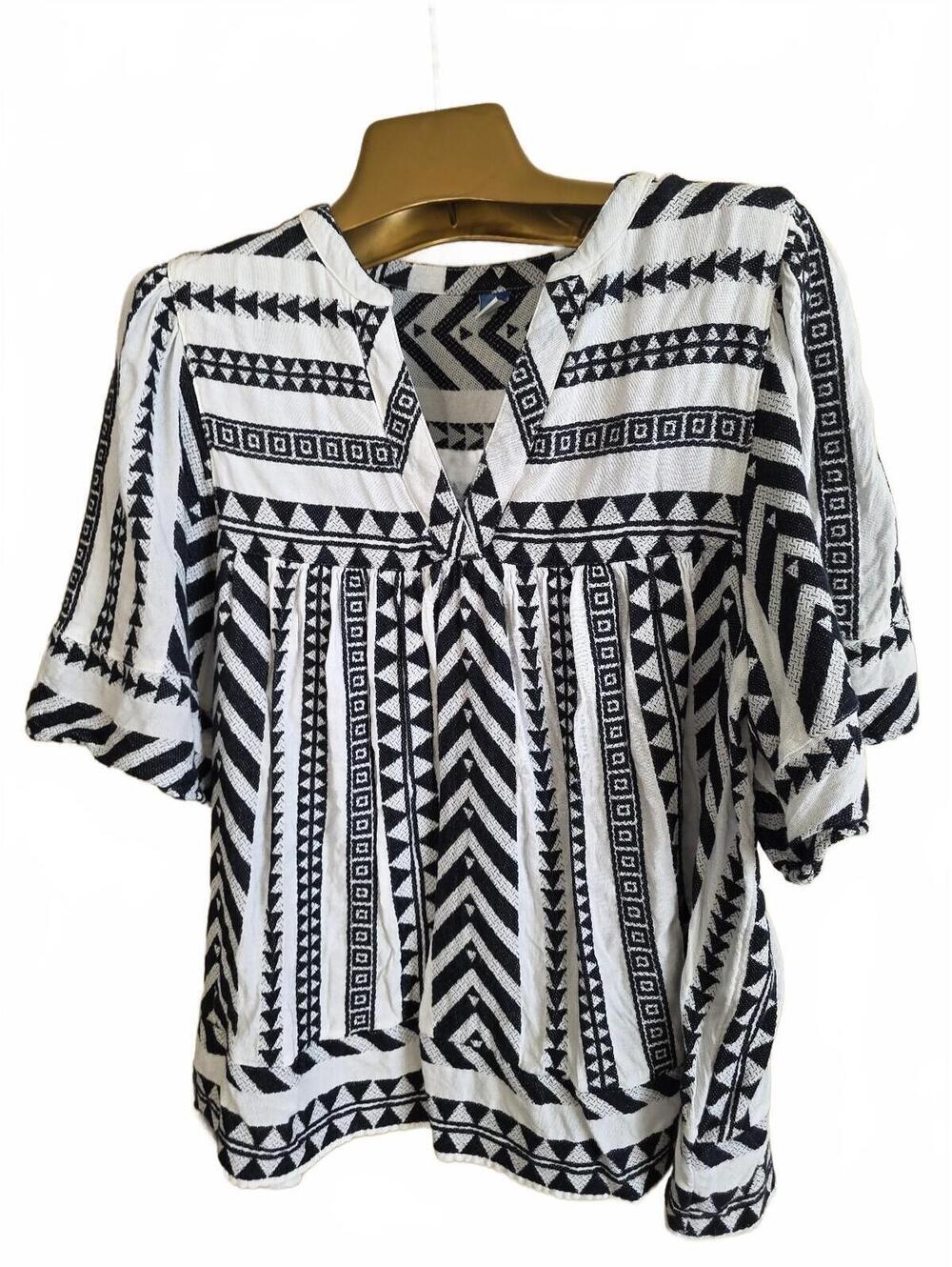 Old Navy Black White Aztec Geometric Boho Peasant Blouse, Size Large